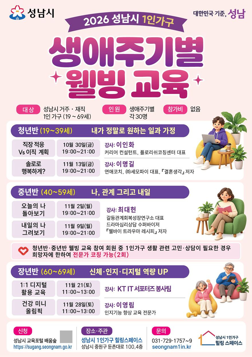여성가족과-성남시 1인 가구 생애주기별 웰빙 교육 청년 중년 장년반 일정 안내 리플릿.jpg