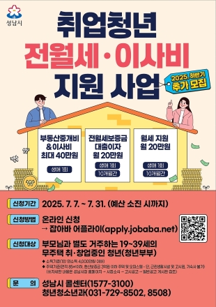 성남시, 취업 청년 전월세·이사비 지원사업…625명 추가 모집