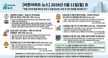 5월 11일 월요일 바른아파트뉴스 "주말 사이의 정책 변화와 법령 해석을 한눈에, 이번 주 관리 방향을 제시합니다."