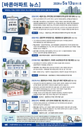 5월 13일 수요일 바른아파트뉴스 "변화하는 부동산 법령과 현장의 목소리를 담아 투명한 관리의 길을 제시합니다."