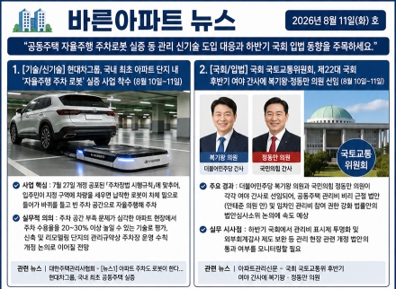 8월 11일 바른아파트뉴스 "공동주택 자율주행 주차로봇 실증 등 관리 신기술 도입 대응과 하반기 국회 입법 동향을 주목하세요."