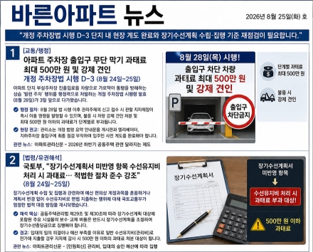 8월 25일 바른아파트뉴스 "개정 주차장법 시행 D-3 단지 내 현장 계도 완료와 장기수선계획 수립·집행 기준 재점검이 필요합니다."