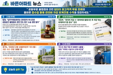 [바른아파트 뉴스] 2026년 9월 9일(수)호 "공용부분 불법점유 관련 입대의 원고적격 무효 판례와 올바른 잡수입 활용 관리비 차감 회계전표 수칙을 점검하세요."