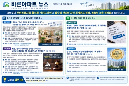 [바른아파트 뉴스] 2026년 9월 21일(월) "국토부의 주민공동시설 활성화 가이드라인과 잡수입 관리비 차감 회계전표 정비, 공용부 소송 적격성을 확인하세요."