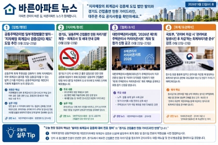 [바른아파트 뉴스] 2026년 9월 23일(수 "지자체장의 회계감사 검증제 도입 법안 발의와 경기도 간접흡연 민원 가이드라인, 대주관 주요 공지사항을 확인하세요."