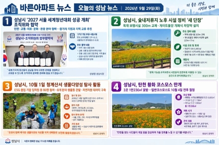 [오늘의 성남 뉴스] 26년 9월 29일 "성남시, 2027 세계청년대회 업무협약부터 탄천 코스모스 만개까지 지역 소식 '풍성'"