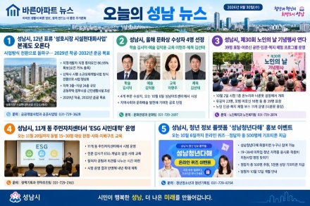[오늘의 성남 뉴스] 26년 9월 30일 "12년 표류 성호시장 현대화 ‘본궤도’…문화상 4인 선정·노인의 날 행사 등 시정 소식"