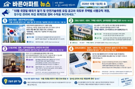 [바른아파트 뉴스] 2026년 10월 1일(목)  "10월 국경일 태극기 달기 및 안전기술위원 모집 공고와 국토부 주택법 시행규칙 개정, 잡수입 관리비 차감 회계전표 정비 수칙을 확인하세요."