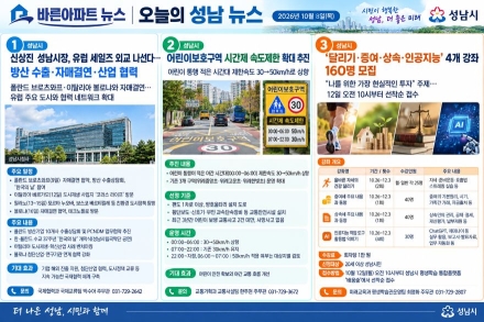 [오늘의 성남 뉴스] 26년 10월 8일 "신상진 성남시장 유럽 세일즈 외교 착수… 어린이보호구역 시간제 속도제한 확대 외"