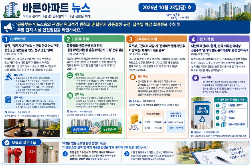 [바른아파트 뉴스] 2026년 10월 23일(금)  "공용부분 인도소송의 관리단 원고적격 원칙과 혼합단지 공동결정 규정, 잡수입 차감 회계전표 수칙 및 주말 단지 시설 안전점검을 확인하세요."